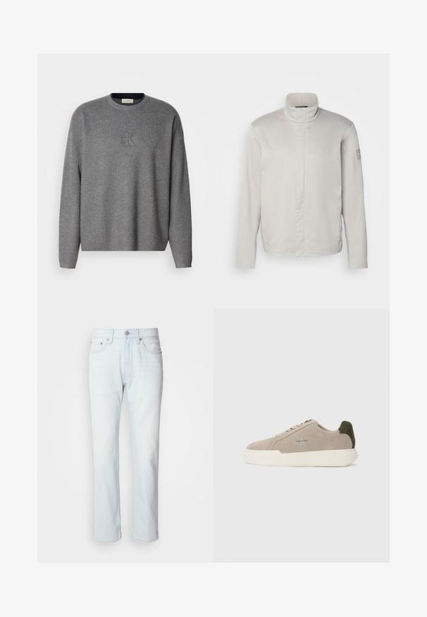 Lichtgrijze, lange mouwen jas met hoge kraag, gladde textuur, sluiting aan de voorkant en subtiele branding op de mouw. Minimalistisch ontwerp.; Grijze gebreide sweatshirt met een ronde hals, voorzien van een reliëf "ck" logo op de borst en geribde manchetten. Zachte textuur, ontspannen pasvorm.; Lichtblauwe denim jeans met een rechte pijp. Voorzien van een knoopsluiting en riemlussen, met een vervaagde textuur en minimale stiksels.; Beige suède sneakers met een witte rubberen zool, voorzien van een donkergroene hielaccent en subtiele branding aan de zijkant.