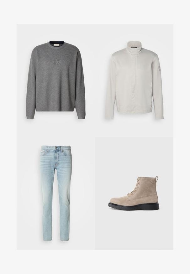 Hellegrauer, langärmeliger Mantel mit hohem Kragen, glatter Textur, Frontverschluss und dezentem Branding am Ärmel. Minimalistisches Design.; Grauer Strickpullover mit Rundhalsausschnitt, der ein geprägtes "ck"-Logo auf der Brust und gerippte Bündchen trägt. Weicher Stoff, lockere Passform.; Helle blaue Jeans aus Denim, mit geradem Beinschnitt, mittelhoher Taille und dezentem Verblassen. Enthält fünf Taschen und einen Metallknopf.; Beige Wildleder-Ankle Boots mit schwarzer Gummisohle, Schnürdesign und kleinem, seitlich eingeprägtem Logo, ausgestattet mit einer Zuglasche am Hinterkopf.