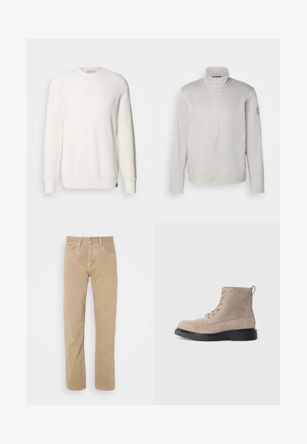 Svetlošedá, dlhá bunda s dlhým rukávom a vysokým golierom, hladká textúra, predné zapínanie a decentné logo na rukáve. Minimalistický dizajn.; Calvin Klein Jeans CREW - Svetrík - tofu; Béžové bavlnené nohavice s rovnom strihom, pričom obsahujú predné vrecká, zapínanie na gombík a jemné prešívanie pozdĺž švov.; Béžové semišové členkové topánky s čiernou gumovou podrážkou, zaviazaním, malým embosovaným logom na boku a so stahovacím pásikom na zadnej strane.