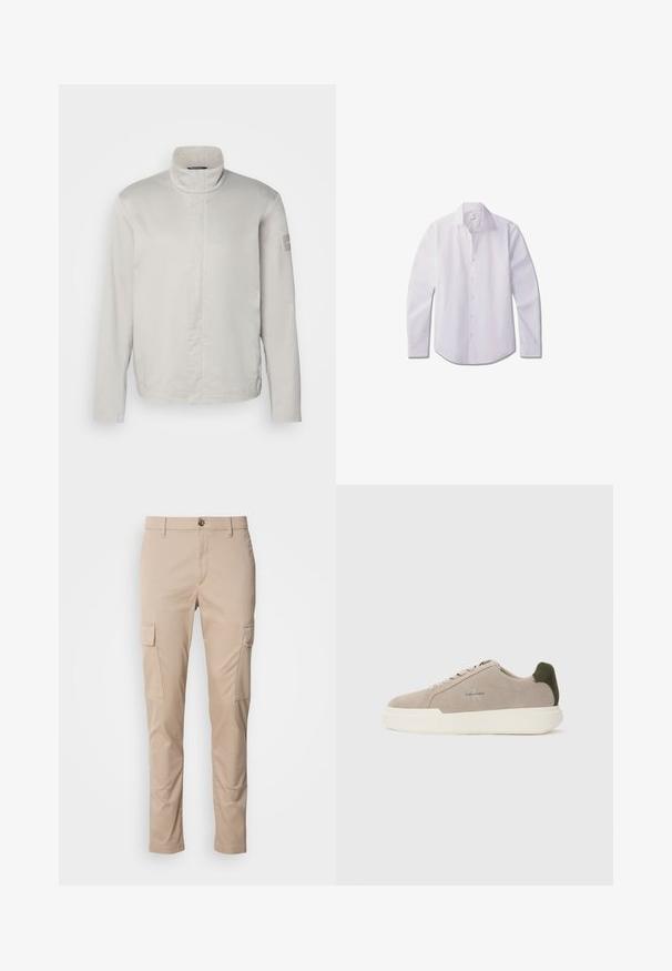 Helehall, pika varrukaga jakk kõrge kraega, sile tekstuur, esine sulgemine ja peene bränding varrukal. Minimalistlik disain.; Valge pika varrukaga nööbitav särk, mis on valmistatud siledast kangast, klassikalise krae, ees oleva nööbireaga ja ümardatud äärega.; Beežid cargo püksid kahe külgtaskuga, slim fit, valmistatud kergest kangast, ees nupuga kinnitamine ja vööaugud.; Beez suède tossudega valge kummist tallaga, tumeroheline kanna aktsent ja peened brändingud küljel.