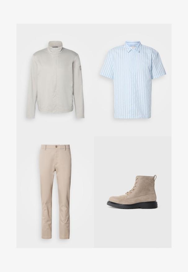 Chaqueta de manga larga gris claro con cuello alto, textura suave, cierre frontal y un sutil logo en la manga. Diseño minimalista.; Camisa de botones de manga corta en tejido azul claro con rayas verticales. Presenta un cuello con puntas y botones blancos en la parte delantera.; Chinos de algodón beige con corte recto, trabillas para cinturón, un solo botón frontal y una superficie lisa, sin texturizar. No se ven bolsillos.; Botines de ante beige con suela de goma negra, diseño con cordones y un pequeño logotipo grabado en el lateral, que cuenta con una lengüeta en la parte posterior.