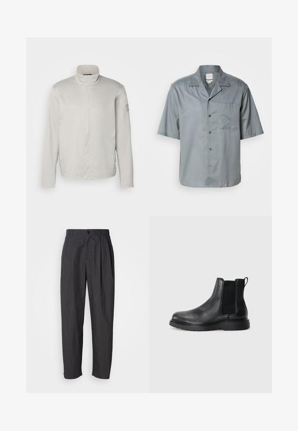 Veste longue à manches longues gris clair avec col haut, texture lisse, fermeture avant et logo discret sur la manche. Design minimaliste.; Chemise à manches courtes en tissu gris clair avec une texture lisse, dotée d'une poche poitrine et d'un col classique.; Pantalons droit gris foncé avec passants de ceinture, fermeture à bouton à l'avant et poches latérales sur un fond clair.; Bottes Chelsea en cuir noir avec une finition texturée, des panneaux latéraux élastiques et une semelle en caoutchouc robuste. Branding subtil sur le talon.