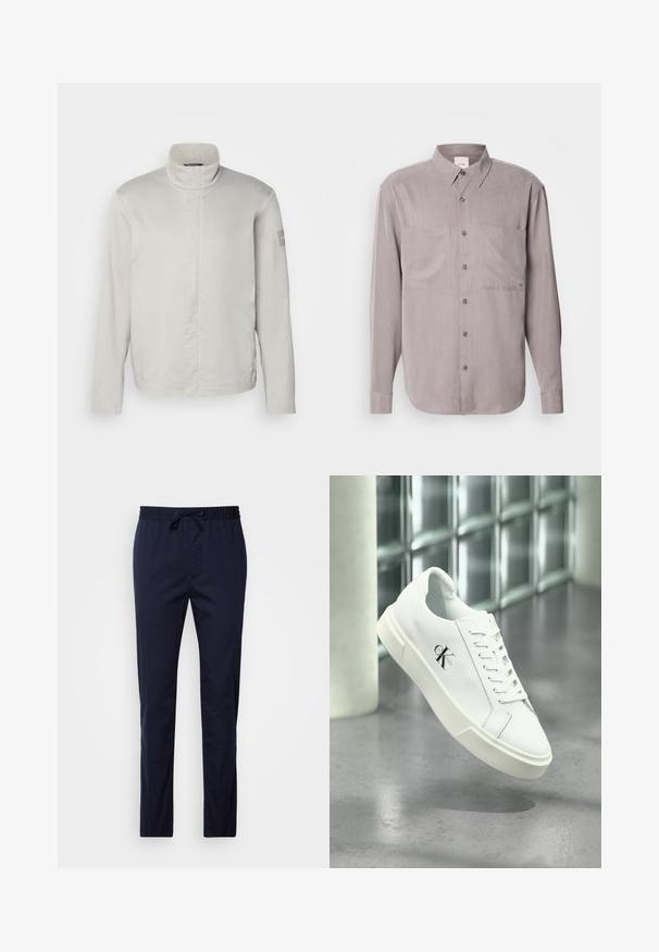 Lys grå, langærmet jakke med høj krave, glat tekstur, lukning foran og subtil branding på ærmet. Minimalistisk design.; Langærmet button-up skjorte i dæmpet grå stof, med to brystlommer, en klassisk krave og tonal knaplukning.; Mørkeblå, letvægtsbukser med elastisk talje og snøre. Lige ben, glat tekstur, ingen lommer eller mønstre.; Hvid Calvin Klein sneaker med snørebånd, vist svævende over en poleret betongulv og en baggrund af glasblokke.