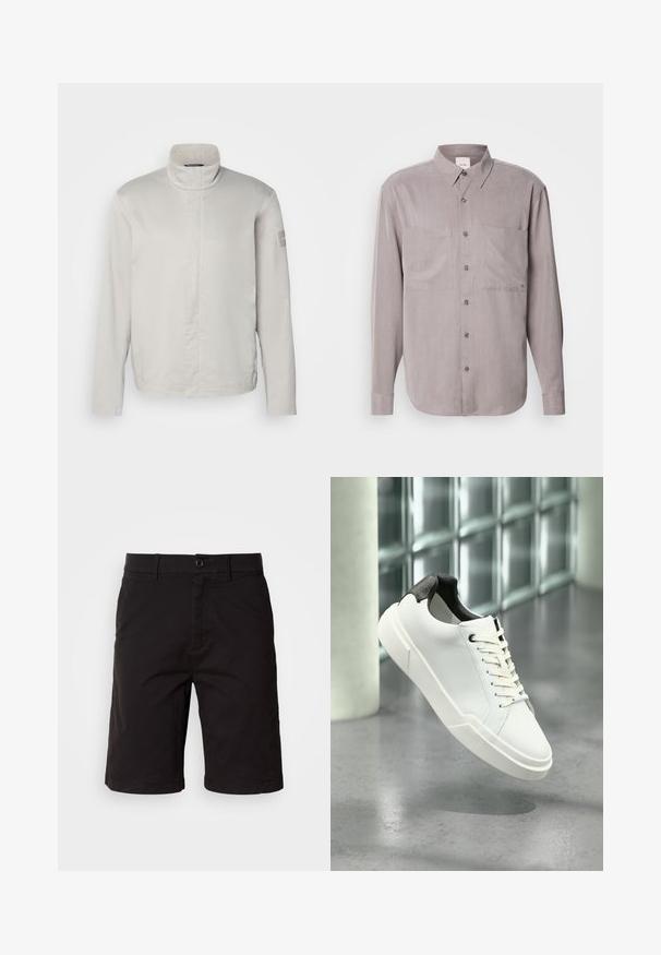 Veste longue à manches longues gris clair avec col haut, texture lisse, fermeture avant et logo discret sur la manche. Design minimaliste.; Chemise à manches longues à boutons en tissu gris muted, avec deux poches poitrine, un col classique et des fermetures à boutons ton sur ton.; Shorts noirs en tissu léger, dotés d'un bouton à l'avant, de passants de ceinture, de poches latérales et d'une coupe droite avec des ourlets retournés.; Baskets basses blanches avec languette de talon noire texturée, lacets blancs et semelle épaisse sur un sol en béton poli près de blocs de verre.