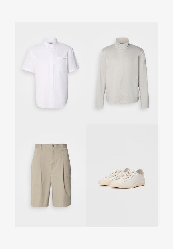 Hellegrauer, langärmeliger Mantel mit hohem Kragen, glatter Textur, Frontverschluss und dezentem Branding am Ärmel. Minimalistisches Design.; Weißes kurzärmeliges Hemd mit Knöpfen aus leichtem Stoff, mit einer Brusttasche und einem dezenten Logodetail. Sanfte Textur und klassischer Kragen.; Beige Baumwollshorts mit gefaltetem Vorderteil, Knopfverschluss am Bund und Seitentaschen. Glatte Textur und knielanger Schnitt.; Weiße Sneaker aus glattem Leder mit tonalem Nähten, Schnürverschluss, runder Zehenpartie und einer strukturierten Gummisohle.