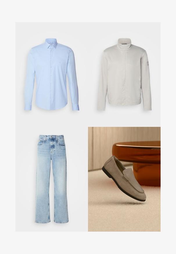 Veste longue à manches longues gris clair avec col haut, texture lisse, fermeture avant et logo discret sur la manche. Design minimaliste.; Chemise boutonnée bleu clair en coton, avec un col classique, des manches longues et un petit logo sur la poitrine. Texture lisse.; Jean large bleu clair à taille haute, avec une finition délavée, des passants de ceinture et un design classique à cinq poches. L'ourlet est brut.; Mocassin en suède marron clair avec semelle noire, posé sur un tapis beige devant une table circulaire marron réfléchissante contre un mur en bois.
