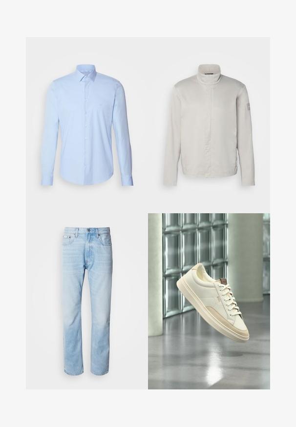 Chaqueta de manga larga gris claro con cuello alto, textura suave, cierre frontal y un sutil logo en la manga. Diseño minimalista.; Camisa de botones azul claro hecha de algodón, con un cuello clásico, mangas largas y un pequeño logotipo en el pecho. Textura suave.; Vaqueros de mezclilla azul claro con corte recto, con secciones desgastadas, diseño de cinco bolsillos y cierre de botones clásico.; Zapatilla blanca de perfil bajo con detalles y cordones beige, con la marca "BOSS", flotando sobre un suelo pulido con una pared de bloques de vidrio al fondo.