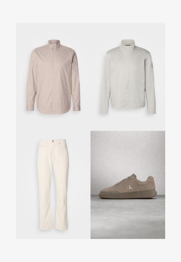 Hellegrauer, langärmeliger Mantel mit hohem Kragen, glatter Textur, Frontverschluss und dezentem Branding am Ärmel. Minimalistisches Design.; Beige Langarm-Hemd mit Knöpfen, weißen vertikalen Streifen, einem spitzen Kragen und einem kleinen gestickten Logo auf der Brust.; Beige Baumwolljeans mit klassischem geradem Bein, ausgestattet mit einem Frontknopfverschluss, fünf Taschen und dezenten Nähdetails.; Beiger Veloursledersneaker mit Schnürsenkeln und "ck"-Logo, schwebend über einem polierten Betonboden vor einer Wand aus Glasklötzen dargestellt.