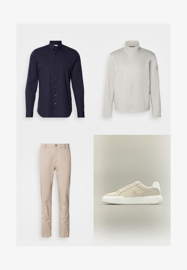 Lys grå, langærmet jakke med høj krave, glat tekstur, lukning foran og subtil branding på ærmet. Minimalistisk design.; Marineblå skjorte med lange ærmer, klassisk krave og slim fit design. Fremstillet af glat stof med et diskret logo på brystet.; Beige bomulds chinos med lige pasform, bæltestropper, en enkelt frontknap og en glat, utextureret overflade. Ingen lommer er synlige.; Beige lavtopsneaker med tyk hvid sål, snørebånd, hvid hælkappe og diskret CK-logo på sidepanelet.