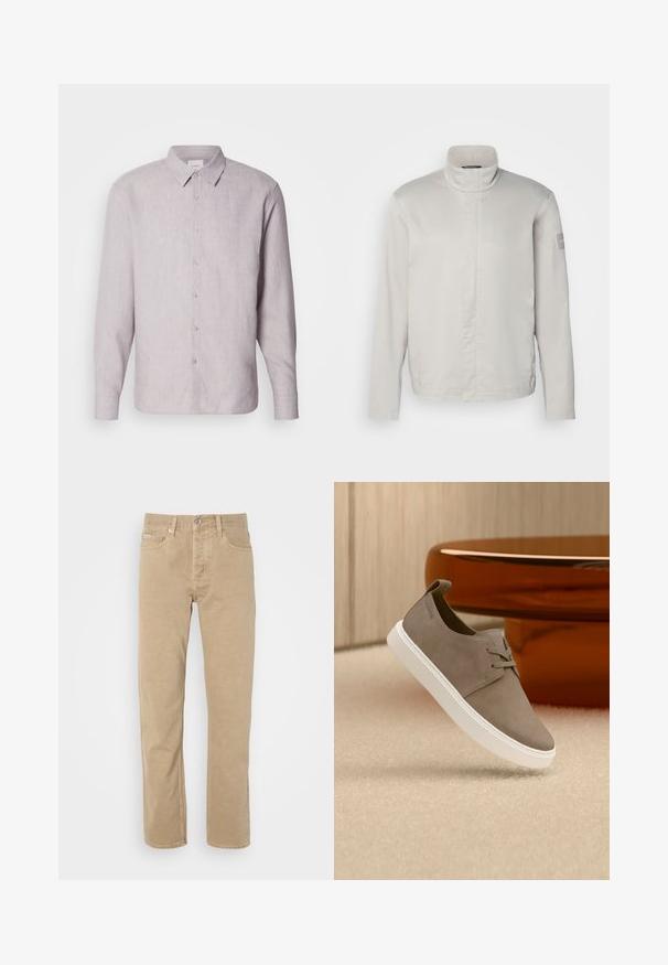 Helehall, pika varrukaga jakk kõrge kraega, sile tekstuur, esine sulgemine ja peene bränding varrukal. Minimalistlik disain.; Heled hall linane särk, millel on krae, pikad varrukad ja nööpidega esiosa. Omab peent tekstuuri ja pärlmutrist nööpe nööpide reas.; Beige puuvillased püksid otse lõikega, millel on ees taskud, nööbikinnitus ja peened õmblused õmbluste ääres.; Toppaltrohvärvitud seemisnahast paeltega tossud, valge tallaga, hõljuvad beeživaibal, kõrval läikiv pruun ümar mööblieseme tükk.
