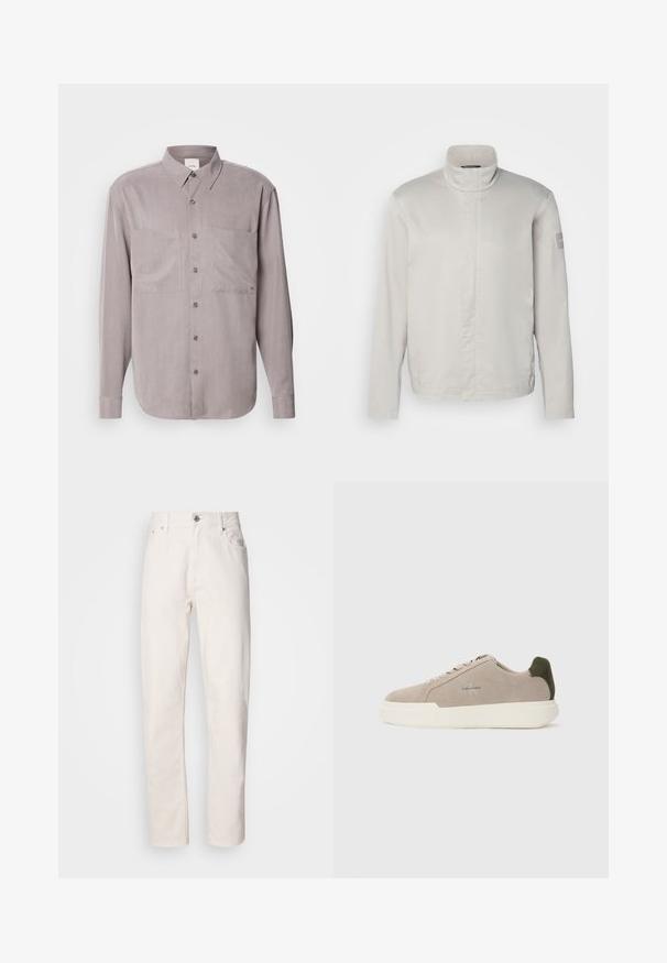 Lys grå, langærmet jakke med høj krave, glat tekstur, lukning foran og subtil branding på ærmet. Minimalistisk design.; Langærmet button-up skjorte i dæmpet grå stof, med to brystlommer, en klassisk krave og tonal knaplukning.; Hvide denim jeans med lige ben, med knap- og lynlåslukning, bæltestropper samt for- og baglommer, præsenteret på en ensfarvet baggrund.; Beige ruskinds sneakers med en hvid gummisål, der har en mørkegrøn hælaccent og subtil branding på siden.