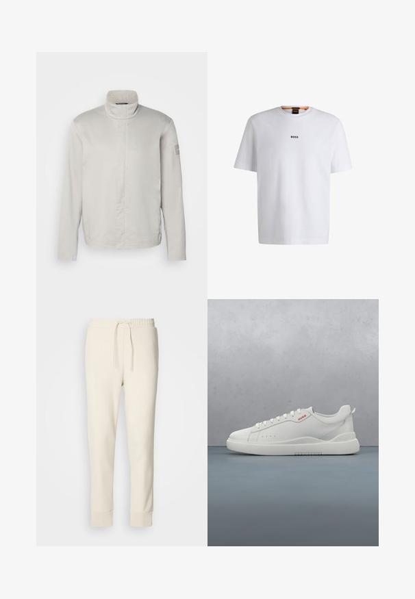 Chaqueta de manga larga gris claro con cuello alto, textura suave, cierre frontal y un sutil logo en la manga. Diseño minimalista.; Camiseta de algodón blanca de manga corta, con un logotipo negro "BOSS" centrado en el pecho y un diseño de cuello redondo.; Pantalones de chándal ajustados en color blanco roto con cintura elástica, cordones ajustables y tobillos con puños sobre un fondo blanco liso.; Zapatilla blanca con un acabado de cuero liso, punta redonda, cuatro ojales, perforaciones sutiles y un detalle de logo rojo en el lateral.