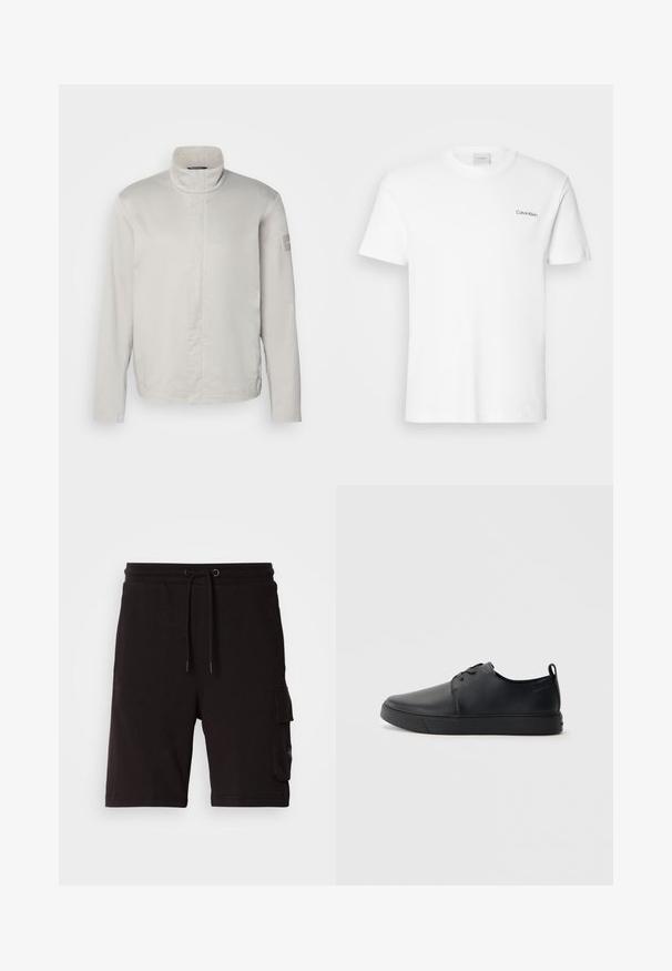 Lys grå, langærmet jakke med høj krave, glat tekstur, lukning foran og subtil branding på ærmet. Minimalistisk design.; Hvid bomulds T-shirt med korte ærmer og rund halsudskæring. Har et lille sort "Calvin Klein" logo på venstre bryst.; Sorte bomulds cargo shorts med justerbar snor i taljen, sidelommer og et afslappet fit design.; Sorte lædersneakers med en glat finish, rund tå, tonalt syning, snøring foran og en flad gummisål. Løkke ved hælen.