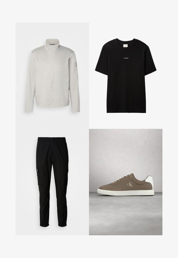 Lys grå, langærmet jakke med høj krave, glat tekstur, lukning foran og subtil branding på ærmet. Minimalistisk design.; Sort bomulds-T-shirt med rund hals og korte ærmer. Har en lille hvid "Calvin Klein"-logo på forsiden. Glat, klassisk pasform.; Sorte cargo bukser lavet af stof, med elastisk talje, knaplukning og flere sidelommer med klapper.; Taupe Calvin Klein-sneaker med beige snørebånd og hvid sål, svævende over en glat grå gulv nær en glasblokvæg.