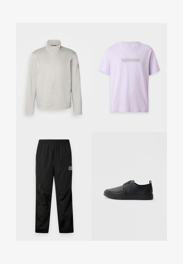 Lys grå, langærmet jakke med høj krave, glat tekstur, lukning foran og subtil branding på ærmet. Minimalistisk design.; Lyse lilla T-shirt med korte ærmer og rund halsudskæring, med "Calvin Klein" logo centreret på brystet i refleksprint.; Sorte regnbukser lavet af letvægts, vandtæt materiale. Har en elastisk talje og logo-detalje på siden. Glat tekstur.; Sorte lædersneakers med en glat finish, rund tå, tonalt syning, snøring foran og en flad gummisål. Løkke ved hælen.