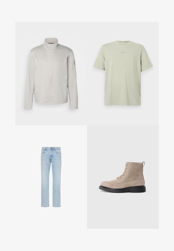 Hellegrauer, langärmeliger Mantel mit hohem Kragen, glatter Textur, Frontverschluss und dezentem Branding am Ärmel. Minimalistisches Design.; Hellgrünes Baumwoll-T-Shirt mit Rundhalsausschnitt, kurzen Ärmeln und einem kleinen Calvin Klein-Logo in einer dunkleren Farbe, das auf der Brust gedruckt ist.; Hellblaue Straight-Leg-Jeans aus Denim mit vorderem Knopf, Reißverschluss und Fünf-Taschen-Design, gezeigt auf weißem Hintergrund.; Beige Wildleder-Ankle Boots mit schwarzer Gummisohle, Schnürdesign und kleinem, seitlich eingeprägtem Logo, ausgestattet mit einer Zuglasche am Hinterkopf.