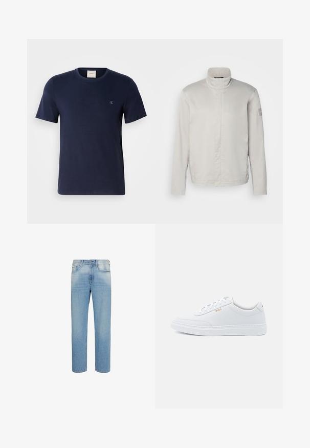 Lys grå, langærmet jakke med høj krave, glat tekstur, lukning foran og subtil branding på ærmet. Minimalistisk design.; Marineblå bomulds T-shirt med rund hals, korte ærmer og et lille broderet logo på venstre bryst. Glat tekstur og klassisk pasform.; Lyseblå jeans med lige ben, forlommer, bæltestropper og knaplukning, vist mod en hvid baggrund.; Hvide lædersneakers med glat tekstur, rund tå og ton-i-ton syning. Har blå snørebånd og et gult logo på siden.