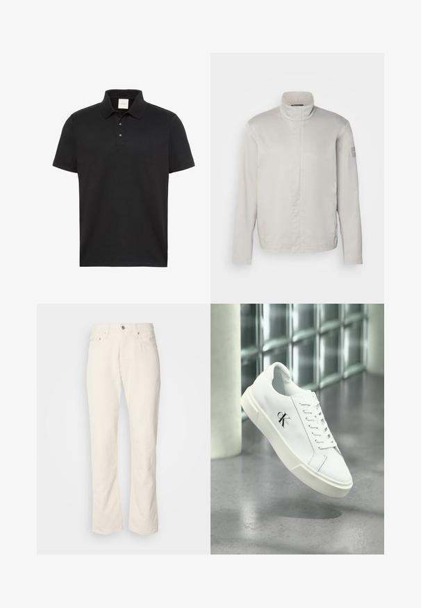 Veste longue à manches longues gris clair avec col haut, texture lisse, fermeture avant et logo discret sur la manche. Design minimaliste.; Polo noir à manches courtes avec col et trois boutons, arborant un discret logo Calvin Klein sur la poitrine.; Jeans en coton beige avec un design classique à jambe droite, comportant une fermeture à bouton à l'avant, cinq poches et des détails de couture subtils.; Baskets blanches Calvin Klein avec lacets, présentées en suspension au-dessus d'un sol en béton poli et d'un mur en blocs de verre en arrière-plan.