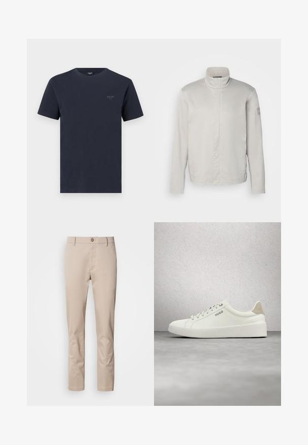 Hellegrauer, langärmeliger Mantel mit hohem Kragen, glatter Textur, Frontverschluss und dezentem Branding am Ärmel. Minimalistisches Design.; Marineblaues Baumwoll-T-Shirt mit Rundhalsausschnitt, kurzen Ärmeln und einem kleinen, grauen Markenlogo auf der linken Brust. Angenehme Textur.; Beige Baumwoll-Chinos mit geradem Schnitt, Gürtelschlaufen, einem einzelnen vorderen Knopf und einer glatten, untexturierten Oberfläche. Keine Taschen sind sichtbar.; Weißer Sneaker mit niedriger Schaftform, Schnürsenkeln und beigem Fersenlasche, mit der Marke "HUGO", schwebt über einem polierten Betonboden in der Nähe einer Glasbausteinwand.