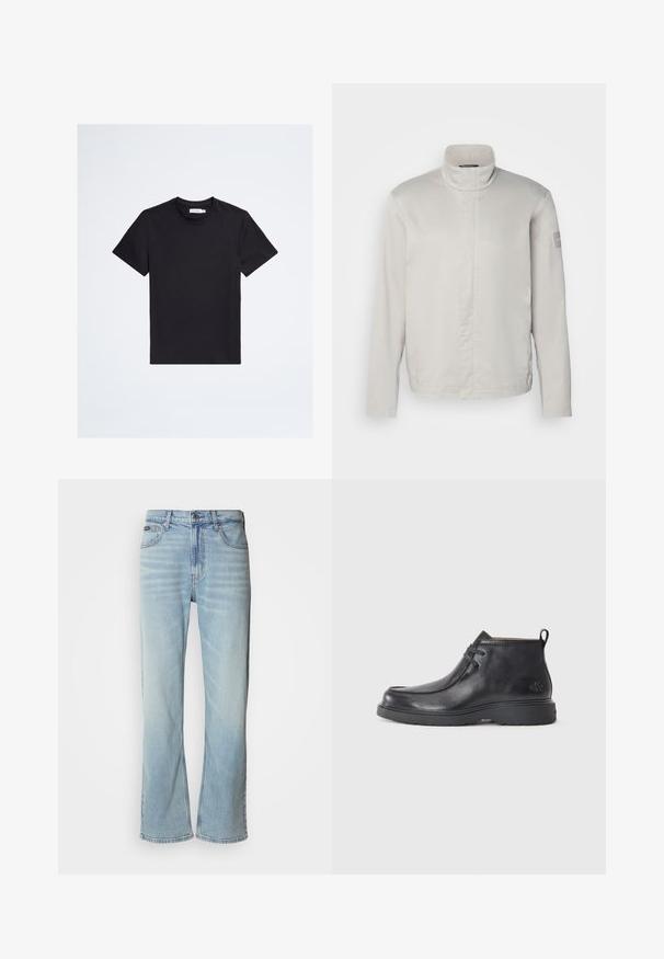 Lys grå, langærmet jakke med høj krave, glat tekstur, lukning foran og subtil branding på ærmet. Minimalistisk design.; Sort t-shirt med korte ærmer og rund hals med lille tonalt logo på venstre bryst og hvid mærkeetiket inde i kraven.; Lyseblå denimjeans med lige ben, der har fem lommer, knaplukning og en subtil falmning på stoffet.; Sorte læder ankelstøvler med rund tå, snørelukning og en løkke bagpå. Tekstureret overdel og gummisål.