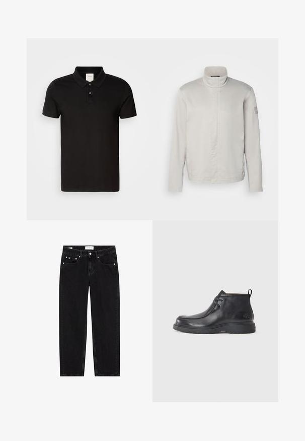 Chaqueta de manga larga gris claro con cuello alto, textura suave, cierre frontal y un sutil logo en la manga. Diseño minimalista.; Camisa polo negra hecha de una tela suave con un cuello clásico. Presenta dos botones en el cuello, mangas cortas y un logotipo sutil en el pecho.; Vaqueros de mezclilla negra con un corte recto, textura ligeramente desgastada, cinco bolsillos y detalles en metal plateado. Etiqueta en la cintura.; Botas de cuero negras hasta el tobillo con punta redondeada, diseño con cordones y una lengüeta en la parte trasera. Parte superior texturizada y suela de goma.