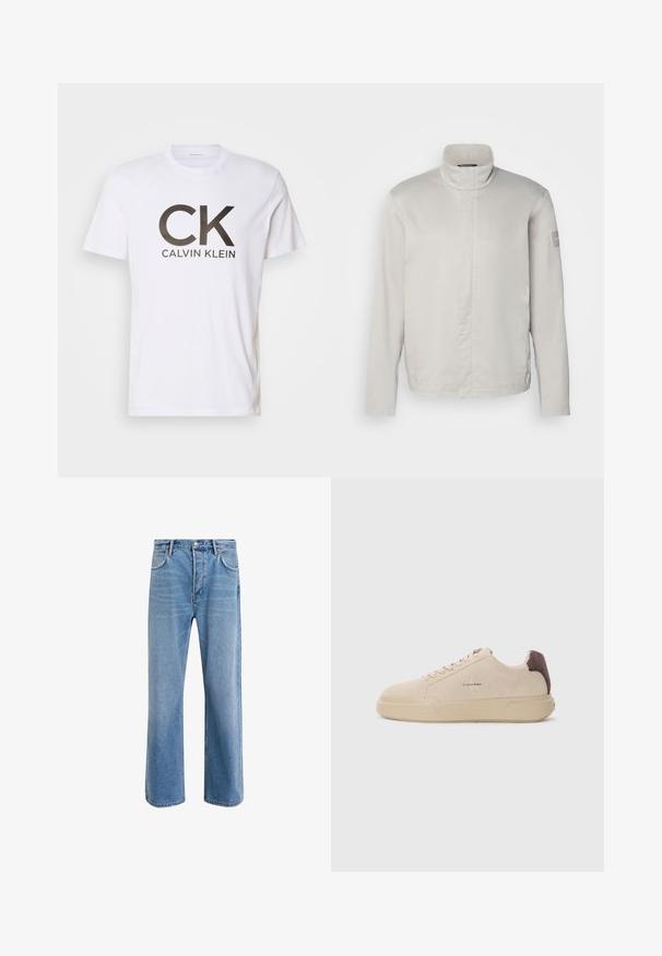 Lys grå, langærmet jakke med høj krave, glat tekstur, lukning foran og subtil branding på ærmet. Minimalistisk design.; Hvid bomuld t-shirt med et stort sort "CK" logo og "CALVIN KLEIN" tekst nedenfor. Klassisk rund hals og korte ærmer.; Lyseblå denim jeans med lige ben-design, fem lommer, knaplukning, minimal falming og kontraststingdetaljer.; Beige ruskind sneakers med rund tå, snørret foran og en brun ruskindsdetalje på hælen. Har en tekstureret gummisål.