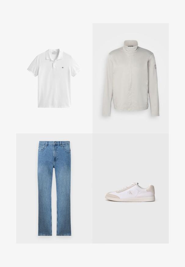 Veste longue à manches longues gris clair avec col haut, texture lisse, fermeture avant et logo discret sur la manche. Design minimaliste.; Polo blanc à manches courtes avec deux boutons et petit logo écusson brodé sur la poitrine gauche.; Jean en denim bleu clair avec une coupe droite, cinq poches, une fermeture éclair et des coutures contrastantes. Le tissu a une finition lisse et texturée.; Baskets basses blanches et beiges avec fermeture à lacets, accents en daim, et logo « cK » sur le côté, présentées de profil sur un fond uni.