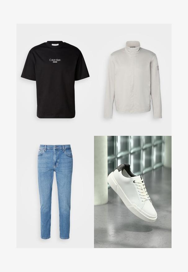 Lichtgrijze, lange mouwen jas met hoge kraag, gladde textuur, sluiting aan de voorkant en subtiele branding op de mouw. Minimalistisch ontwerp.; Zwarte katoenen t-shirt met ronde hals, korte mouwen en witte "Calvin Klein JEANS" logo op de voorkant. Eenvoudig en recht gesneden ontwerp.; Lichtblauwe denim jeans met een rechte pasvorm, vijf zakken en subtiele vervaging. Voorzien van een knoopsluiting en riemlussen.; Witte lage sneaker met zwarte, gestructureerde hielkap, witte veters en dikke zool op een gepolijste betonnen vloer nabij glazen blokken.