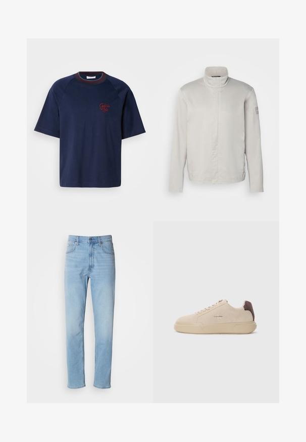 Chaqueta de manga larga gris claro con cuello alto, textura suave, cierre frontal y un sutil logo en la manga. Diseño minimalista.; Camiseta de algodón de color azul marino con mangas cortas, cuello redondo y detalles en burdeos. Presenta un logo bordado de "Calvin Klein" en el lado izquierdo del pecho.; Jeans de mezclilla azul claro con un corte recto, cinco bolsillos y trabillas para cinturón. La tela presenta una textura suave con un ligero efecto de desvanecimiento.; Zapatilla de ante beige con punta redondeada, cordones en la parte frontal y un acento de ante marrón en el talón. Cuenta con una suela de goma texturizada.