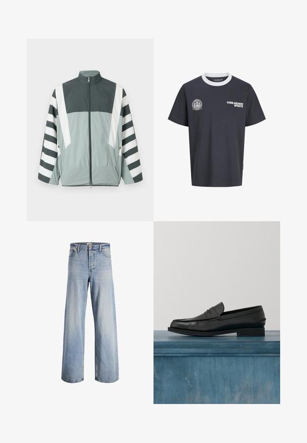 Jakke med høj krave, lavet af letvægtsstof. Har mørkegrå og lysegrønne paneler samt markante hvide striber på ærmerne.; Sort T-shirt med korte ærmer og hvid rund hals, "CORE ARCHIVE SPORTS" tekst på højre bryst og cirkulært sportslogo på venstre bryst.; Lysblå højtaljede wide-leg jeans med frontknap og lynlås, fem lommer og falmede detaljer på stoffet.; Sorte læderloafers med et slankt design, der har syning ved tåen og en glat finish. Skoen har en lav hæl og minimal udsmykning.