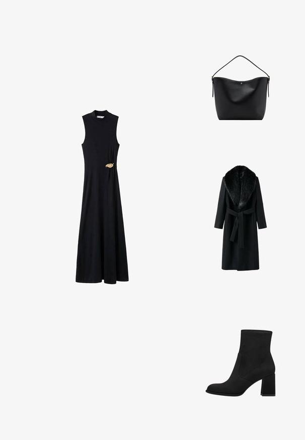Schwarzer Mantel mit einem Kunstpelzkragen, langen Ärmeln, einem Bindegürtel auf Taillenhöhe und einer glatten Textur. Minimalistisches Design mit einer klassischen Silhouette.; Schwarzes ärmelloses Kleid mit hohem Ausschnitt, fließender Silhouette und einem goldfarbenen Blattakzent an der Seite. Hergestellt aus einem glatten Stoff.; Schwarze Knöchelstiefel mit Blockabsatz, aus weichem Wildleder. Mit einer abgerundeten Zehe und glatten Seitenpaneelen mit detaillierter Naht.; Schwarze Leder-Schultertasche mit einem einzelnen Riemen und dezenten goldfarbenen Beschlägen, mit einer glatten, leicht geschwungenen oberen Kante.