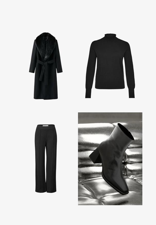Zwarte jas met een nepbontkraag, lange mouwen, strikriem op de taille en een gladde textuur. Minimalistisch ontwerp met een klassieke silhouet.; Zwarte lange mouw turtleneck trui met een gerimpelde kraag en geribbelde manchetten; gemaakt van een zachte, gladde breigoed.; Zwarte wijde broek van zachte stof met een gladde textuur. Kenmerkt zich door een hoge, elastische tailleband en subtiele voorplooien.; Zwarte enkellaarsjes van glanzend materiaal met een vierkante neus en taps toelopende hak, afgezet tegen een glanzende zilveren gecapitonneerde achtergrond.