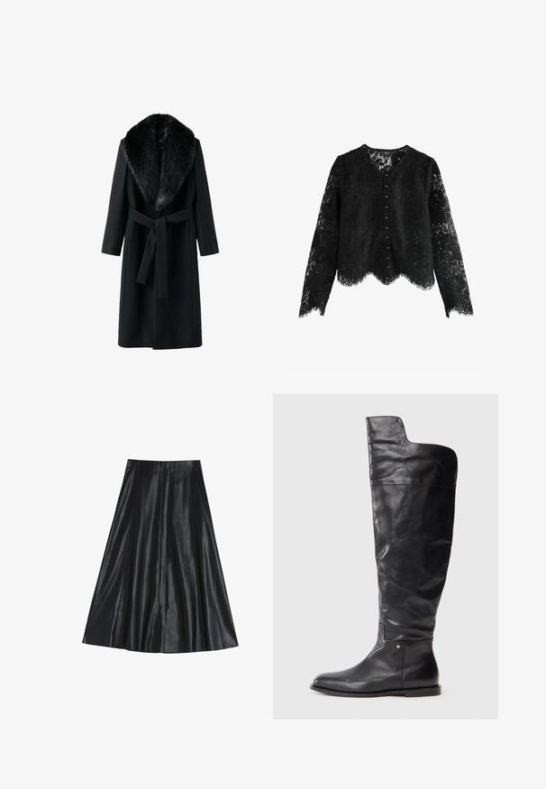 Zwarte jas met een nepbontkraag, lange mouwen, strikriem op de taille en een gladde textuur. Minimalistisch ontwerp met een klassieke silhouet.; Zwarte kant cardigan met lange mouwen, een golvende zoom en een rij zwarte knopen aan de voorkant. Gedetailleerde kantafwerking throughout.; Zwarte leren midi-rok met een uitlopende vorm, met een gladde textuur en een geplooid ontwerp voor extra volume. Geen zichtbare hardware of accenten.; Zwarte leren kniehoge laars met platte zool en een iets bredere bovenkant met een asymmetrische snit aan de buitenkant.