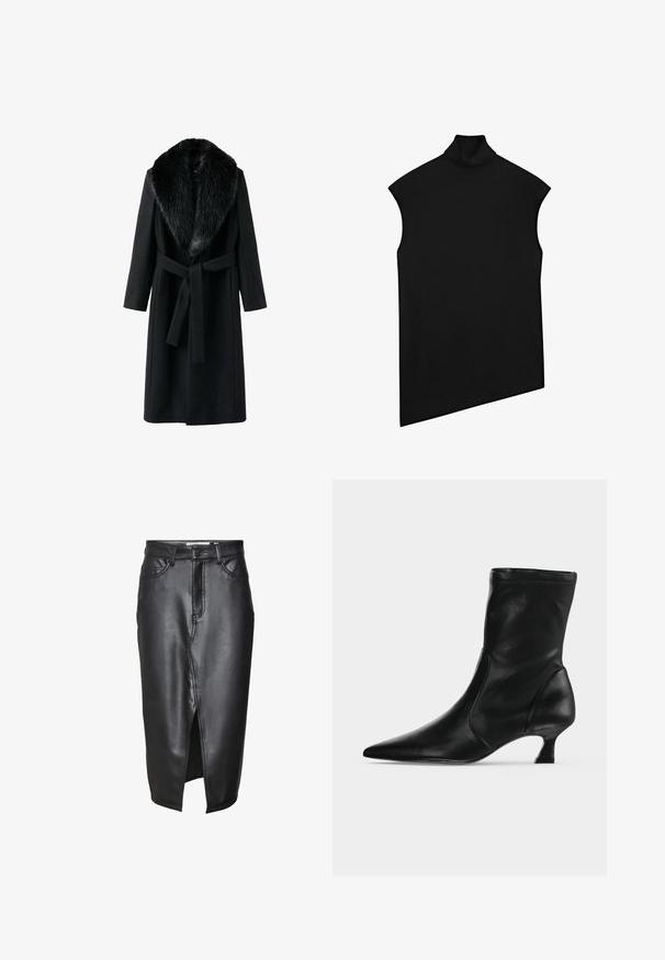 Sort frakke med en kunstig pelskrave, lange ærmer, bindebælte i taljen og en glat tekstur. Minimalistisk design med en klassisk silhuet.; Sort ærmeløs rullekrave top med lige kant og brede ærmegab, vist fladt på en hvid baggrund.; Sorte lædernederdel med en mellemlang design, der har en frontslids, klassiske bæltesløjfer og syede detaljer langs sømmene.; Sort læderstøvle til midt på læggen med spids tå og lav kittenhæl, vist fra siden på en ensartet lys baggrund.