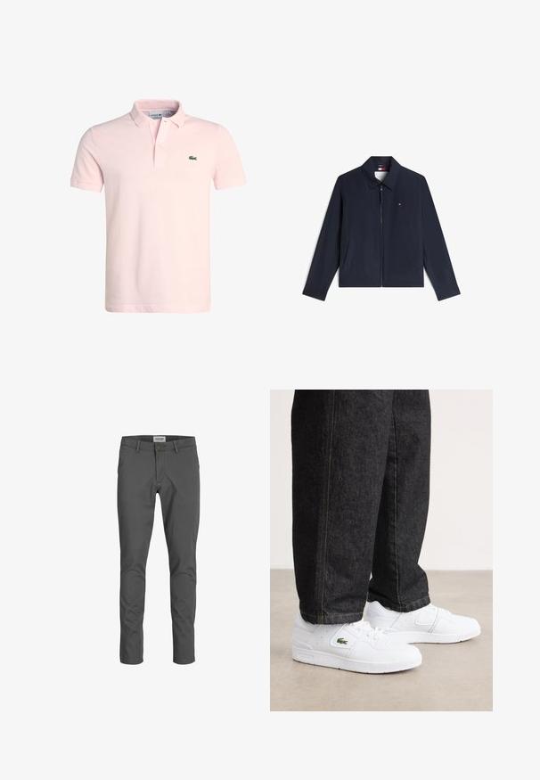 Laivastonsininen vetoketjullinen takki, jossa kaulus, sivutaskut ja pieni punainen, valkoinen ja sininen Tommy Hilfiger -logo vasemmassa rinnassa.; Vaaleanpunainen puuvillapolo-paita, jossa on klassinen kaulus, kaksi nappia ja pieni vihreä krokotiililogo vasemmassa rintataskussa. Lyhyet hihat.; Harmaat puuvillahousut suoralla istuvuudella, joissa on nappikiinnitys, kaksi etutaskua ja huomaamattomia ompeludetails.; Valkoiset nahkakengät, joissa on rei'itetty varvas, minimalistinen muotoilu ja Lacosten logo. Yhdistetty tummiin farkkuihin.