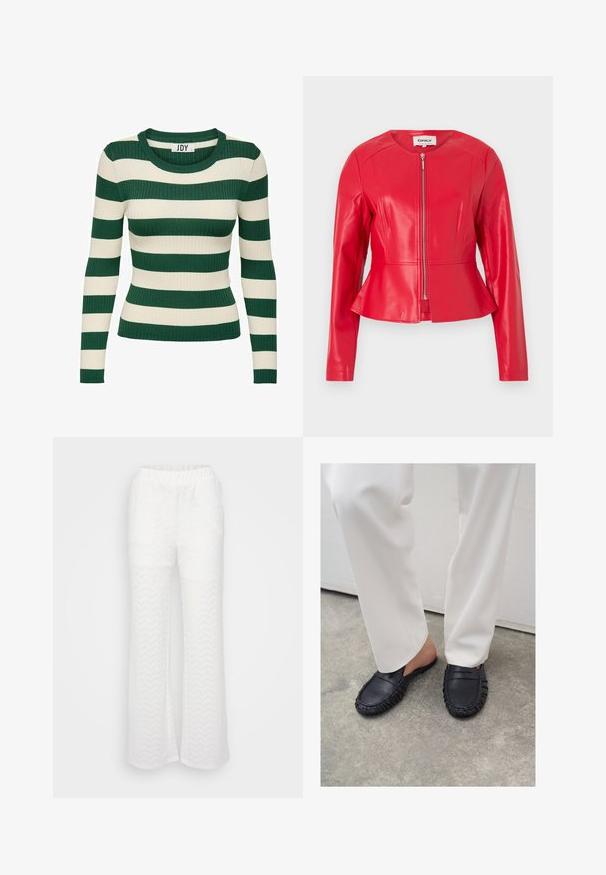 Veste pour femme en similicuir rouge avec manches longues, col rond, fermeture éclair devant et détail de taille légèrement évasée.; Pull à rayures vertes et crème, à manches longues, en maille côtelée, avec un col rond et une coupe ajustée, présentant une texture de tricot contrastante.; Pantalons blancs avec un design évasé, ornés d'un motif chevron subtil, d'une taille élastique et d'un matériau texturé léger.; Personne portant un pantalon blanc et des mocassins en cuir noirs sans lacets, debout sur un sol en béton.