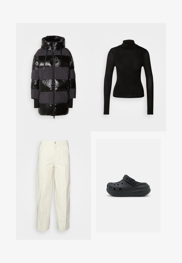 Mos Mosh BLOCK - Wintermantel - black; Zwarte coltrui gemaakt van een lichtgewicht, rekbaar materiaal. Heeft lange mouwen en een aansluitende snit zonder zichtbare naden.; Lichtbeige utilitybroek met een relaxte pasvorm, knoopsluiting en opgestikte zakken aan de voorkant. Gemaakt van duurzame katoenen stof.; Zwarte rubberen klomp met ventilatiegaten, verhoogde hak en verstelbare band. Gladde textuur en afgeronde vorm.