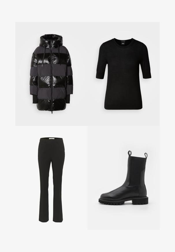 Mos Mosh BLOCK - Abrigo de invierno - black; Suéter negro de manga corta hecho de fina lana merina. Cuello redondo, corte ajustado, textura suave, diseño minimalista, sin patrones o acentos visibles.; Pantalones negros ajustados con un corte entallado, dobladillo acampanado, parte delantera plana y sin bolsillos visibles. Hechos de una tela suave con costuras mínimas.; AllSaints HALLIE - Botines con plataforma - black