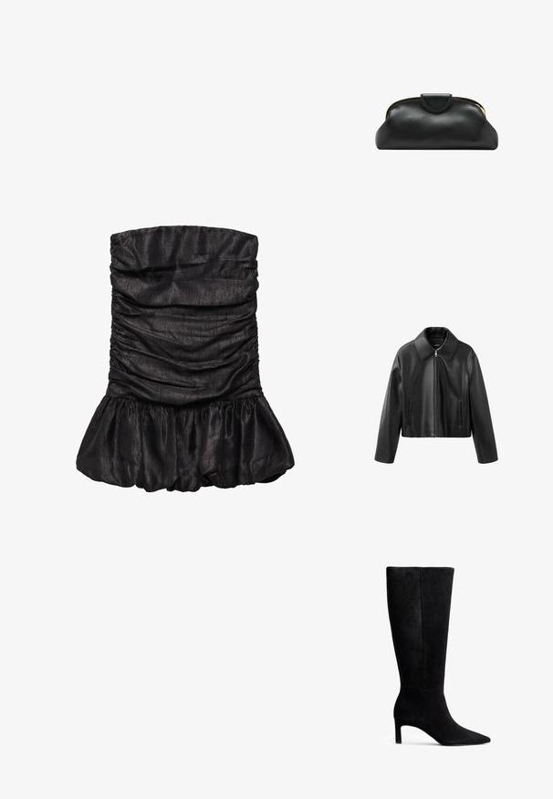 Schwarze kurze Kunstlederjacke mit spitzem Kragen, Frontreißverschluss und vertikalen Schlitz-Taschen auf beiden Seiten.; Mango Cocktailkleid/festliches Kleid - black; Schwarze Wildleder-Stiefel bis zum Knie mit einer spitzen Zehenpartie und einem schmalen Stiletto-Absatz. Glatte Textur mit einem schlichten Design und ohne sichtbare Beschläge oder Akzente.; Schwarze Leder-Clutch mit goldenem Metallrahmen und Druckknopfverschluss auf weißem Hintergrund.