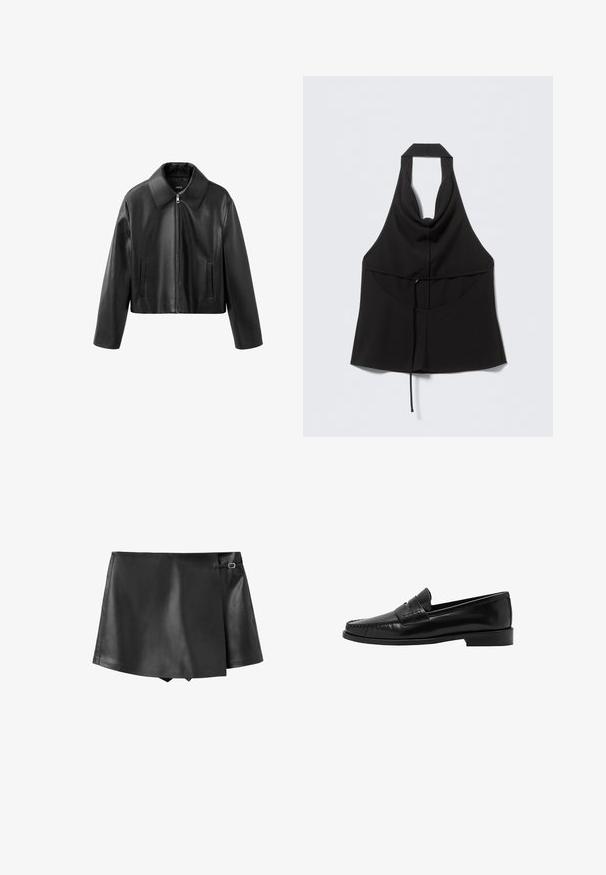 Chaqueta corta de cuero sintético negro con cuello puntiagudo, cremallera frontal y bolsillos verticales con abertura en ambos lados.; Top negro sin mangas con cuello halter, cintura recogida con lazo, escote frontal en forma de V y bajo con vuelo.; Mini falda negra de cuero sintético con solapa frontal superpuesta y pequeño detalle de hebilla lateral.; Mango Zapatos sin cordones - black