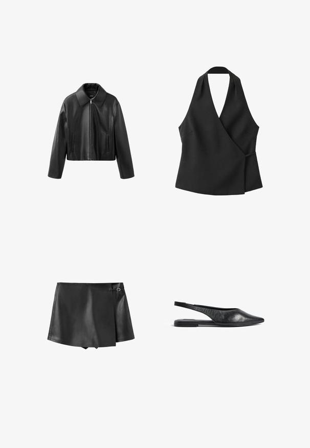 Chaqueta corta de cuero sintético negro con cuello puntiagudo, cremallera frontal y bolsillos verticales con abertura en ambos lados.; Top negro sin mangas cruzado con escote halter y detalle de lazo lateral sobre fondo blanco.; Mini falda negra de cuero sintético con solapa frontal superpuesta y pequeño detalle de hebilla lateral.; Bailarinas de piel negra con tira en el talón y punta afilada, de diseño minimalista. Cuentan con un perfil elegante y un tacón delgado para mayor estabilidad.