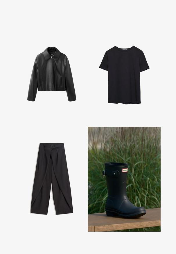 Schwarze kurze Kunstlederjacke mit spitzem Kragen, Frontreißverschluss und vertikalen Schlitz-Taschen auf beiden Seiten.; Einfaches schwarzes T-Shirt aus Baumwolle mit kurzen Ärmeln und Rundhalsausschnitt, auf einem weißen Hintergrund dargestellt.; Schwarze Hosen mit weitem Bein, vorn mit Falten, zwei Knöpfen am Bund und schrägen Seitentaschen, flach auf weißem Hintergrund ausgelegt.; Schwarzer Gummiregenstiefel mit glänzender Oberfläche, ausgestattet mit einer silbernen Schnalle und einem Logo-Patch. Die Sohle ist strukturiert für besseren Halt.