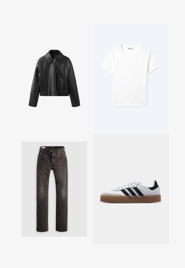 Chaqueta corta de cuero sintético negro con cuello puntiagudo, cremallera frontal y bolsillos verticales con abertura en ambos lados.; Camiseta blanca lisa de manga corta con cuello redondo y una pequeña etiqueta "WEEKDAY" dentro del cuello, mostrada extendida sobre un fondo claro.; Jeans rectos de color gris oscuro de mezclilla, con cierre de botones, diseño de cinco bolsillos y un sutil desgaste en la tela.; Zapatillas de cuero blancas con rayas negras, suela de goma, puntera redonda, cierre de cordones y caperuza de ante gris suave.