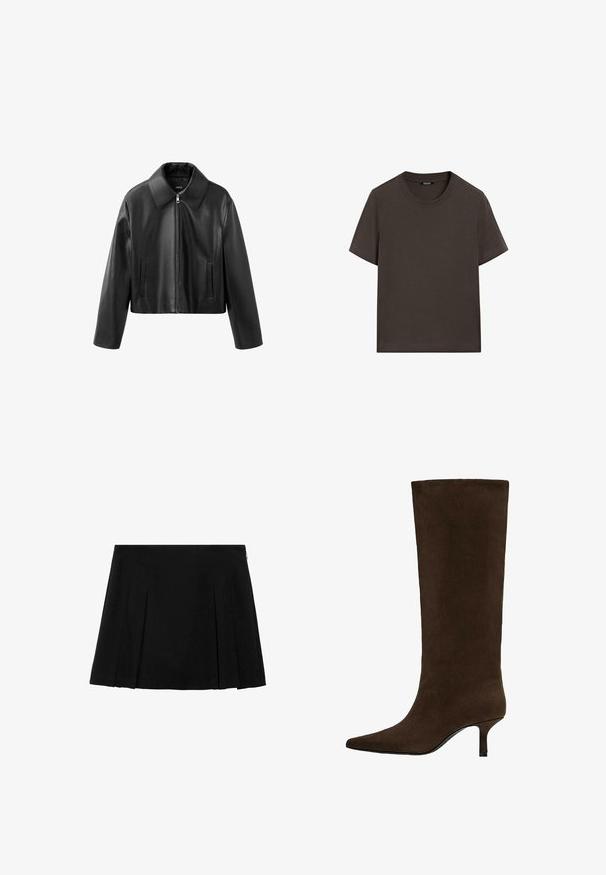 Zwarte cropped neplederen jas met spitse kraag, ritssluiting aan de voorkant en verticale sleufzakken aan beide zijden.; Donkerbruin T-shirt met korte mouwen, gemaakt van katoen. Heeft een ronde halslijn en een ontspannen pasvorm, zonder zichtbare patronen of accenten.; Zwarte geplooide mini-rok van een gladde, gestructureerde stof met een discreet opening met rits aan de zijkant. Heeft gelijkmatig verdeelde verticale plooien.; Hoge donkerbruine suède kniehoge laars met puntige neus en lage dunne hak.