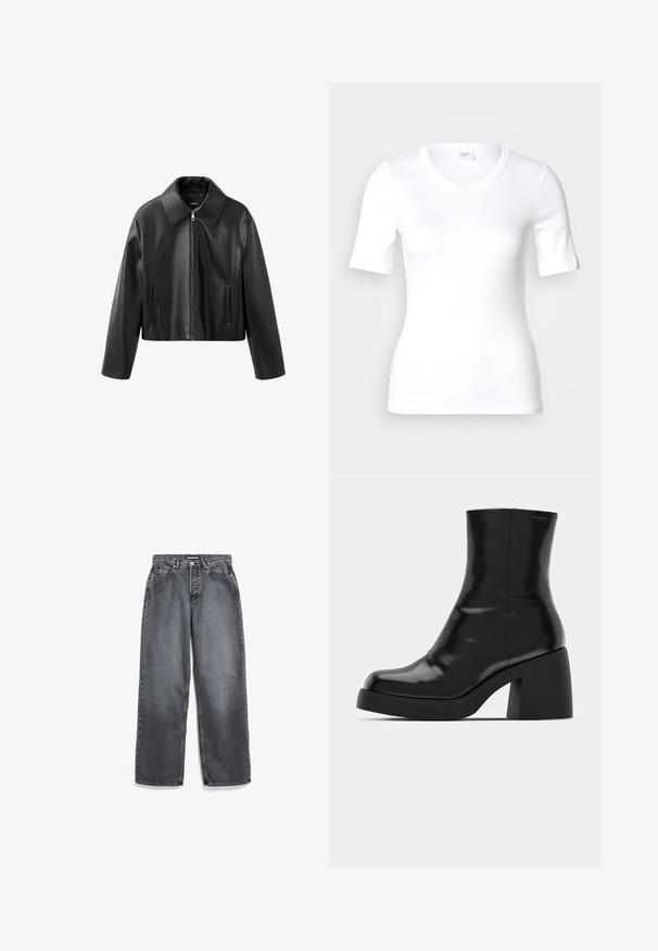 Zwarte cropped neplederen jas met spitse kraag, ritssluiting aan de voorkant en verticale sleufzakken aan beide zijden.; Wit T-shirt met korte mouwen van glad katoen, met een ronde halslijn en een aangesloten pasvorm. Klassiek ontwerp, zonder patronen of accenten.; Donkergrijze rechte jeans met voorzakken, riemlussen, knoop en ritssluiting.; Zwarte enkellaarzen met een glanzende afwerking, vierkante neus en een dikke blokhak. Het ontwerp heeft een naadloze silhouet en minimale branding.