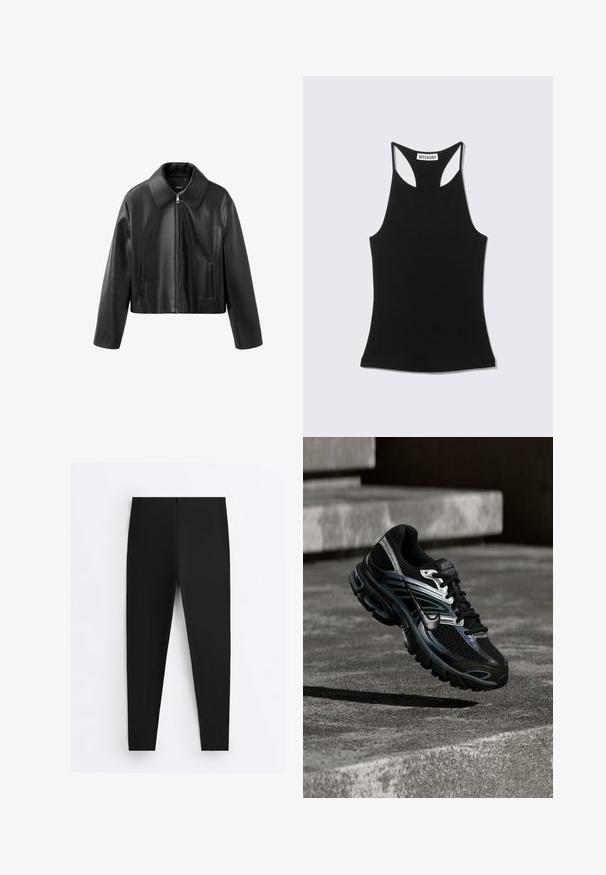 Schwarze kurze Kunstlederjacke mit spitzem Kragen, Frontreißverschluss und vertikalen Schlitz-Taschen auf beiden Seiten.; Schwarzes ärmelloses Racerback-Top mit "WEEKDAY"-Label auf dem oberen Rücken, dargestellt vor einem hellgrauen Hintergrund.; Schwarze eng anliegende Leggings mit hohem Bund und glattem Stoff, flach auf einem weißen Hintergrund dargestellt.; Schwarzer und silberner Nike Laufschuh, der über Betontreppen schwebt und im Außenbereich detailliertes Design und strukturierte Sohle zeigt.