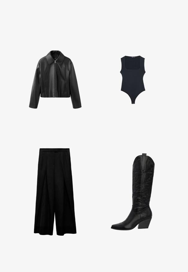 Sort cropped kunstlæderjakke med spids krave, frontlynlås og lodrette slidserlommer på begge sider.; Sort bodysuit med firkantet udskæring, ærmeløs design og thong bag. Fremstillet af glat, strækbart stof. Har knaplukning i bunden.; Sorte bukser med brede ben og høj talje, der har frontfolder, en glat tekstur og en tætsiddende talje. Ingen synlige lommer.; Sort læder cowboystøvle med spids tå, høj skaft, dekorativ syning og en kraftig hæl. Glat tekstur med en subtil glans.