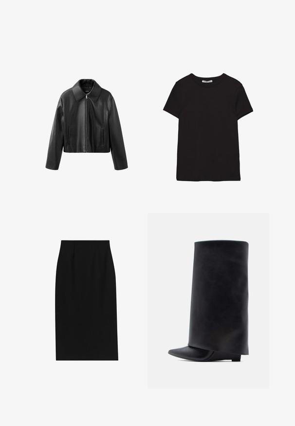 Zwarte cropped neplederen jas met spitse kraag, ritssluiting aan de voorkant en verticale sleufzakken aan beide zijden.; Zwart katoenen T-shirt met korte mouwen, ronde hals, standaard pasvorm en zichtbaar binnenlabel in de nek.; Zwarte kokerrok met een gladde textuur, getailleerde pasvorm en verticale plooien bij de taille, ontworpen voor een slanke silhouette.; Zwarte leren enkellaarzen met een hoge cilindervormige schacht, puntige neus en lage platte hak, met een gladde textuur en minimalistisch ontwerp.
