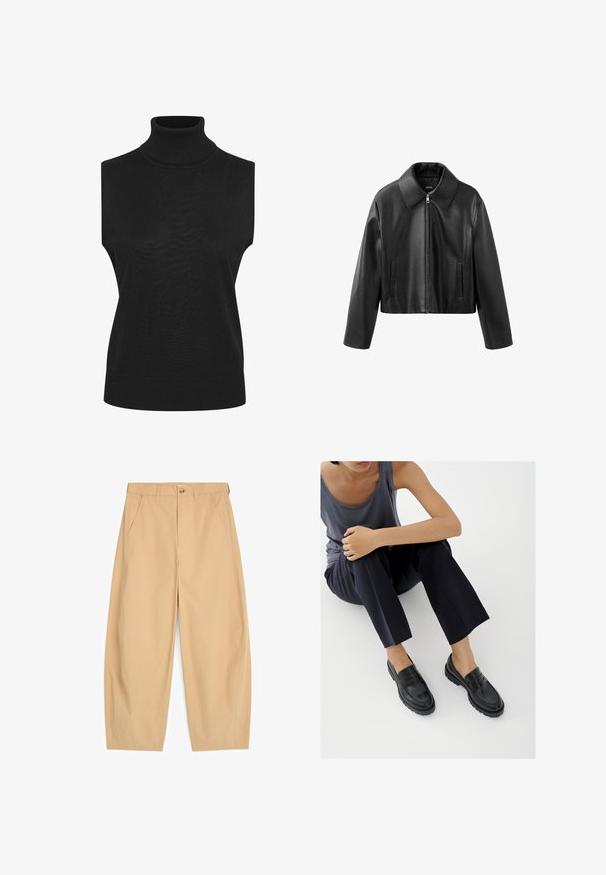 Chaqueta corta de cuero sintético negro con cuello puntiagudo, cremallera frontal y bolsillos verticales con abertura en ambos lados.; Suéter negro sin mangas con cuello alto, fabricado en material acanalado, que presenta una silueta ajustada y un cuello elevado. Los detalles incluyen un dobladillo recto.; Pantalones beige de pierna ancha con bolsillos delanteros, trabillas para cinturón, cierre de botón y cremallera, mostrados sobre un fondo blanco.; Mocasines de cuero negro con detalles texturizados, tacón bajo, puntera redonda y costuras visibles. Modelo vistiendo pantalones oscuros y una blusa gris.