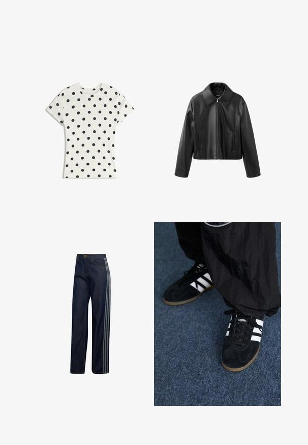 Sort cropped kunstlæderjakke med spids krave, frontlynlås og lodrette slidserlommer på begge sider.; Hvid kortærmet t-shirt med sorte polkaprikker jævnt fordelt over stoffet, vist fladt på en hvid baggrund.; Mørkeblå denimjeans med lige ben og tre lysegrå striber, der løber ned langs ydersiden af hvert ben.; Sorte suedetrainingssko med tre hvide striber og sorte snørebånd. Et tekstureret sort bukser er delvist synligt ved siden af skoene.